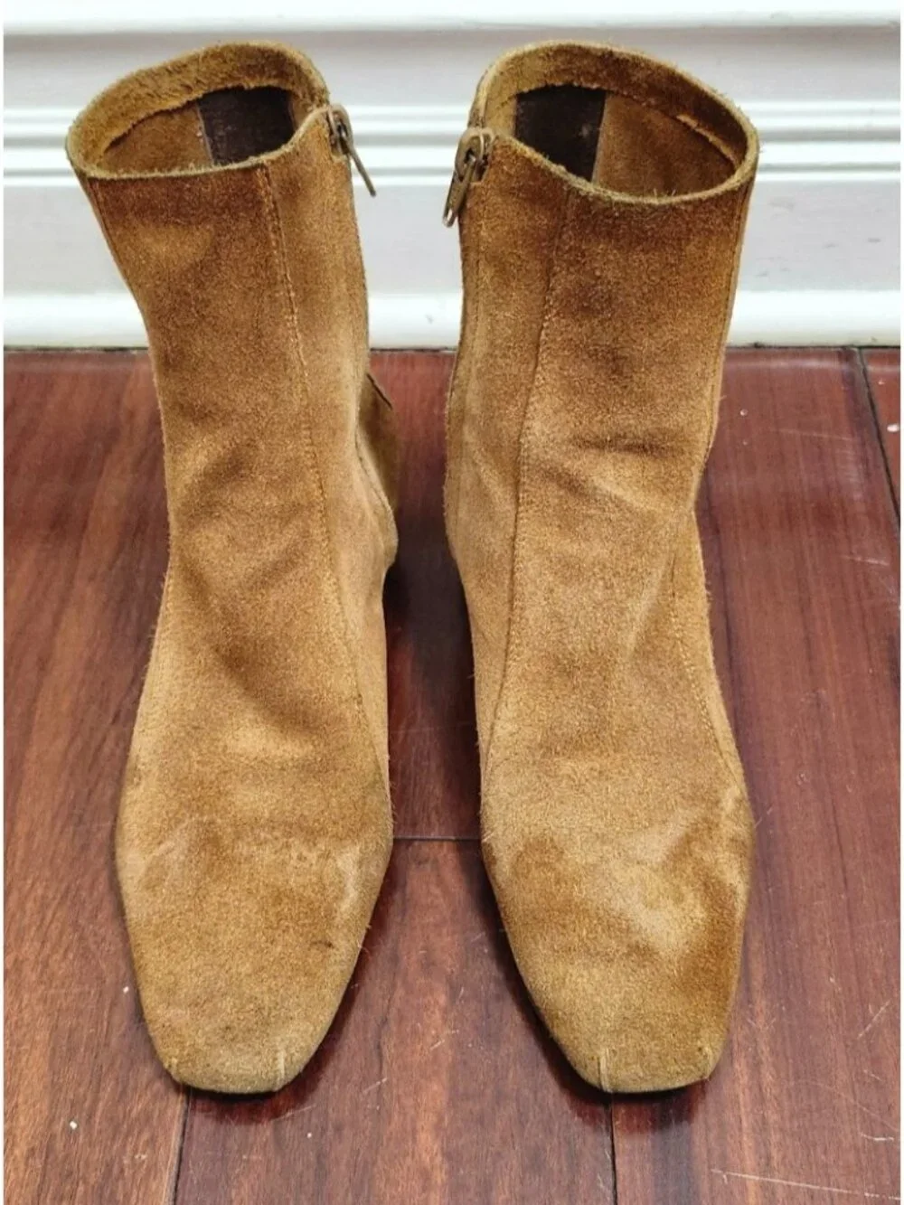 Rachel Comey Suede Ankle Boots Tan Square Toe Side Zip Low Heel Women's 9